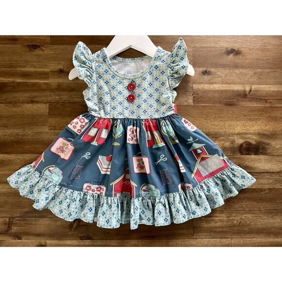 Eleanor Rose School Days Blue Red Sleeveless Ruffle Mixed Print Rhonda Dress 12M - Picture 2 of 8